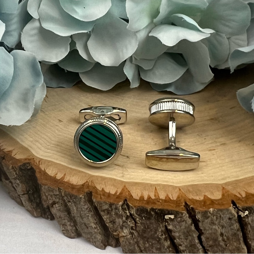 Stunning Green Malachite Round Silver Cufflinks - Picture 9 of 16